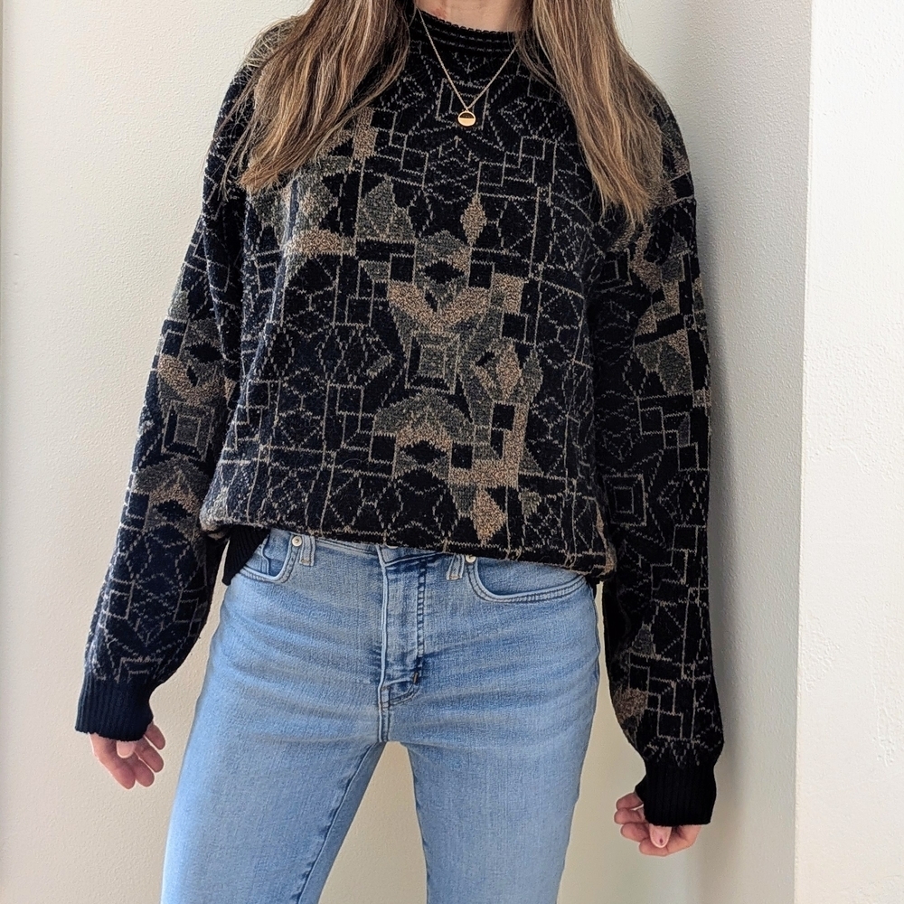 Vintage Abstract Geometric Patterned Wool Blend Crewneck Sweater In Black